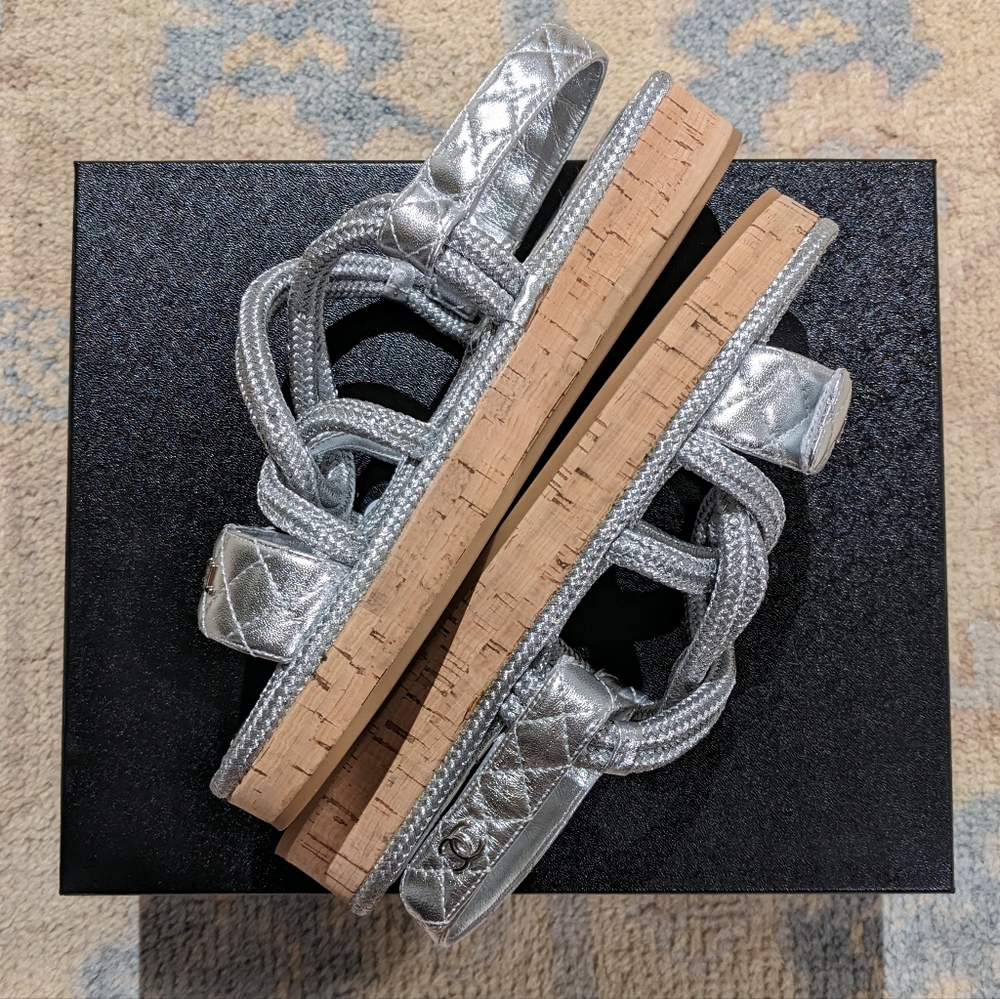 🎁SOLD CHANEL🤩20S CC Lambskin Cord Rope Logo Dad Sandals in Silver Sz 39 - Picture 9 of 16